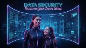 Cybersecurity 2025 concept showing encrypted data protection, secure cloud storage, and digital privacy tools