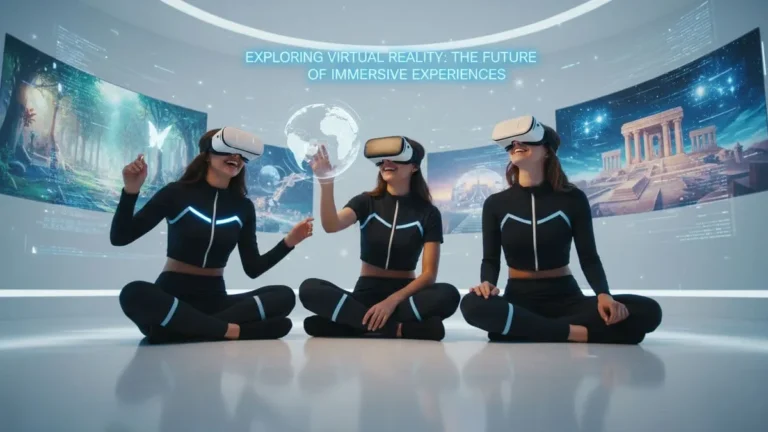 Person using virtual reality headset in futuristic digital environment showcasing immersive technology and interactive experiences