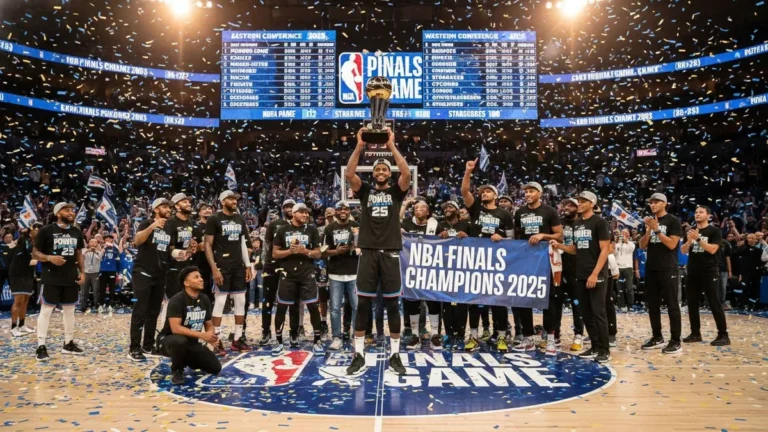 "NBA 2025 standings graphic showing top teams, playoff seeds, and championship contenders