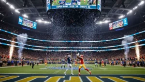 Super Bowl 2025 stadium view featuring championship game, halftime show performance, and fan celebrations