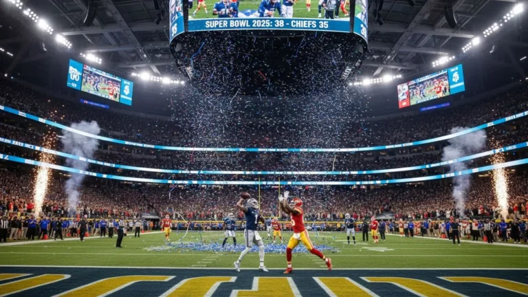 Super Bowl 2025 stadium view featuring championship game, halftime show performance, and fan celebrations
