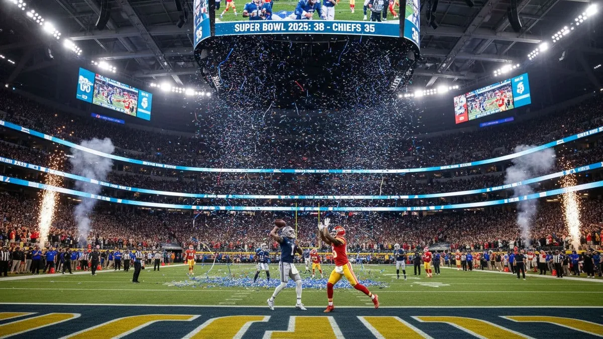 Super Bowl 2025 stadium view featuring championship game, halftime show performance, and fan celebrations