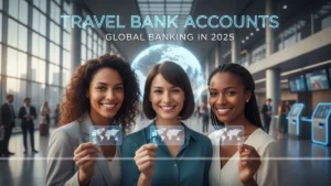 Digital nomad using mobile banking app for fee-free international transactions and global ATM access in 2025