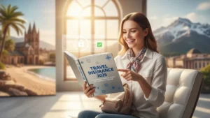 Traveler reviewing travel insurance policy on mobile device with passport, luggage, and global coverage icons in 2025
