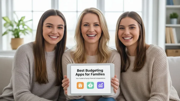 Family using budgeting app on tablet to manage expenses, savings goals, and financial planning in 2025
