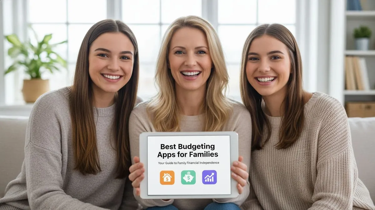 Family using budgeting app on tablet to manage expenses, savings goals, and financial planning in 2025